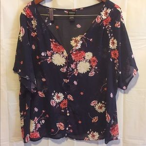 Torrid- Blouse, Navy w/Flowers, v-neck and buttons